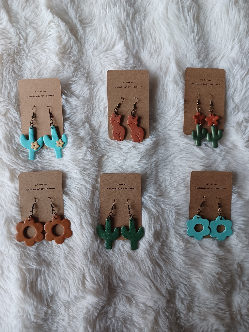 Green Cactus & Terracotta Flower Earrings - Picture 3 of 6